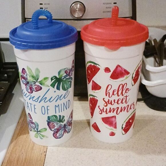 Set of 2 White & Blue 75oz Tumblers & Straws - Picture 6 of 6